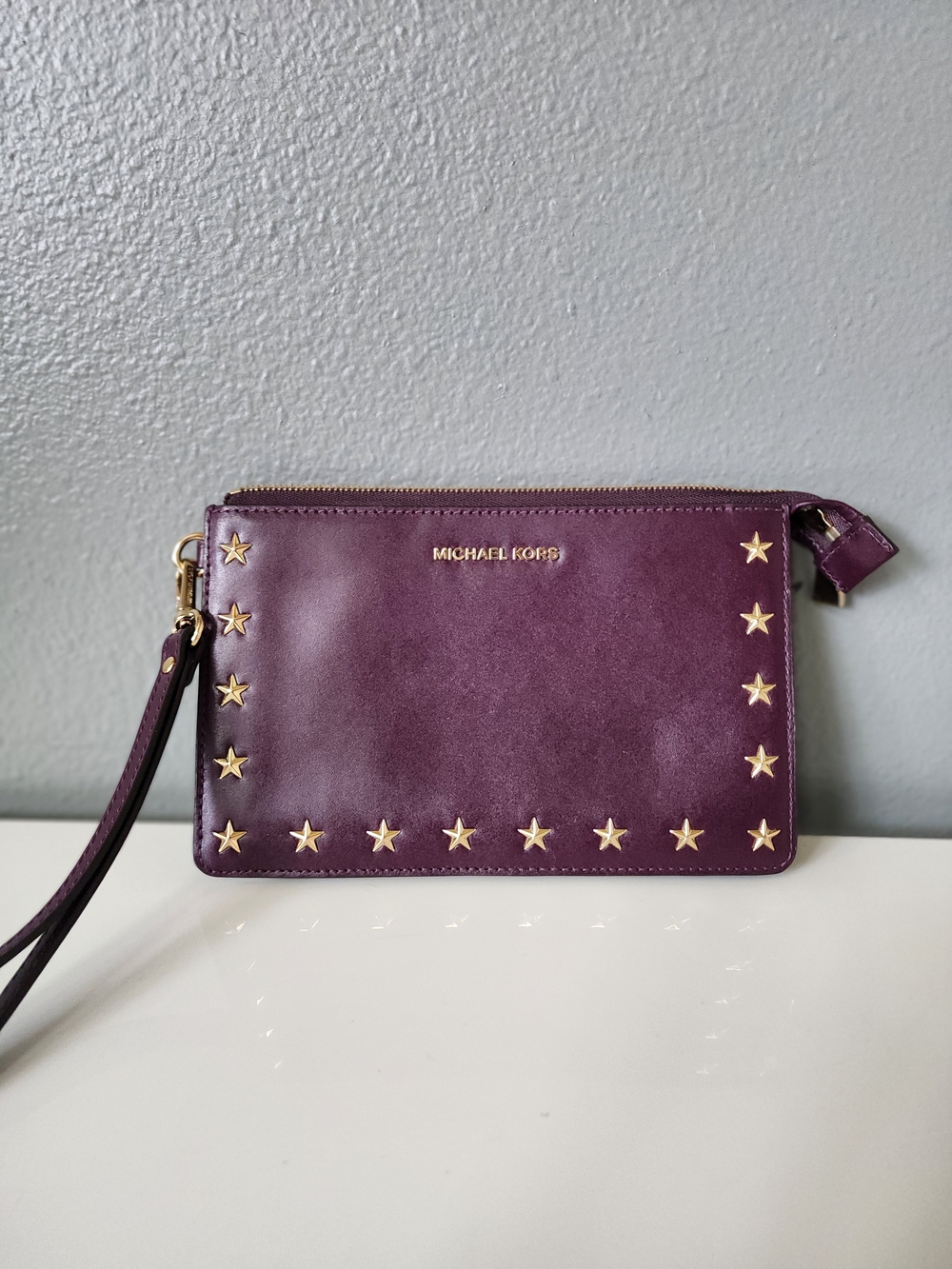 Michael Kors Ginny Star Studded Leather Wristlet Plum Purple Gold Studs